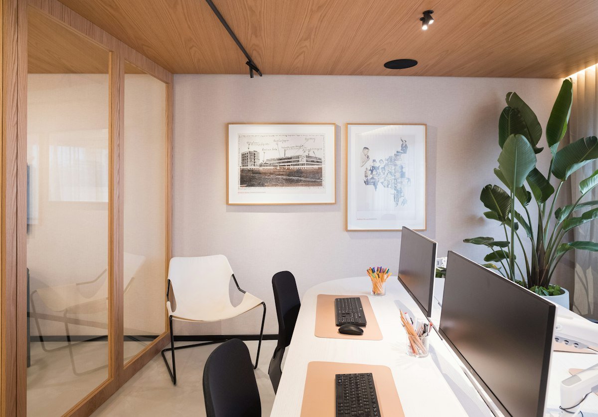 Bureau professionnel aux murs blanc craie, plafond en bois et grandes plantes