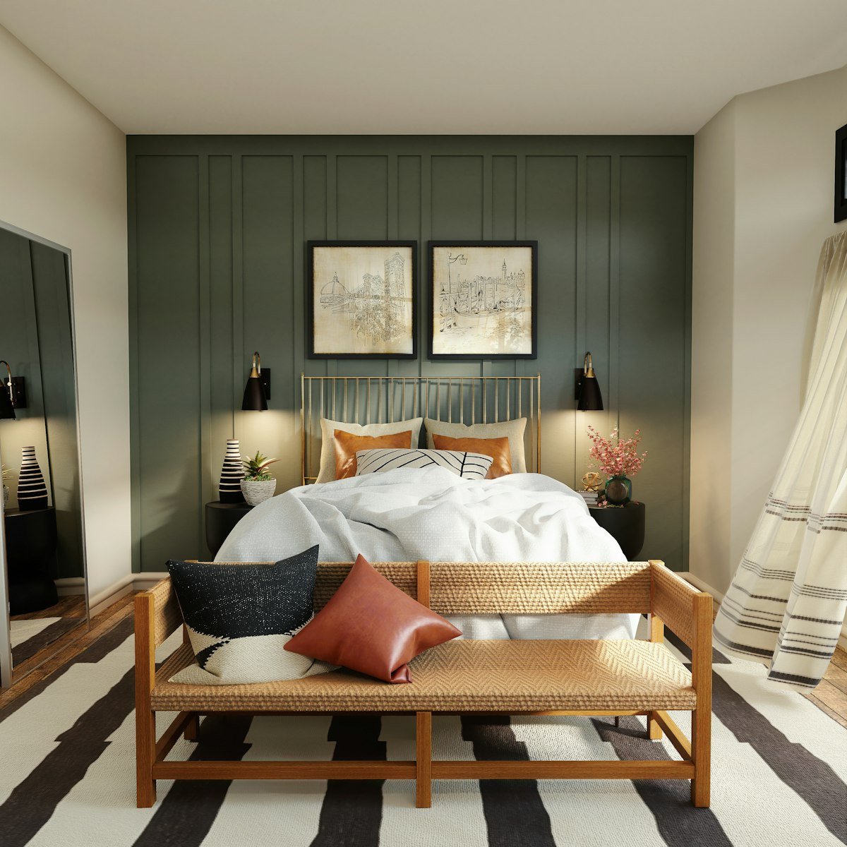 Chambre aux lambris peints en vert de gris avec tête de lit en bois